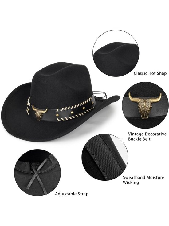 Women’s Black Western Cowboy Hat with Bull Charm Leather Band Style (Size:S-M) main image 7